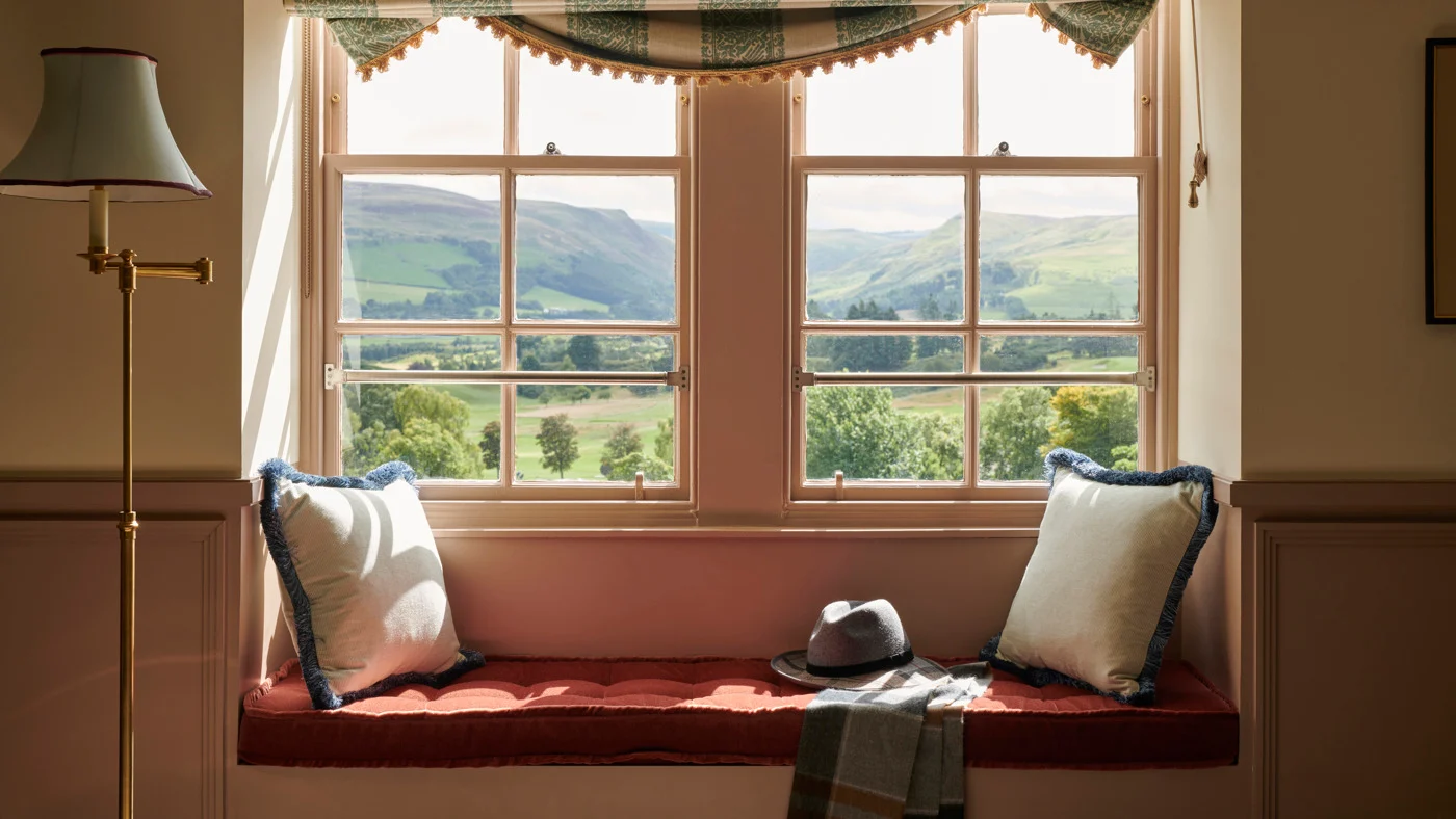A cosy window seat overlooking the Scottish Highlands at Gleneagles